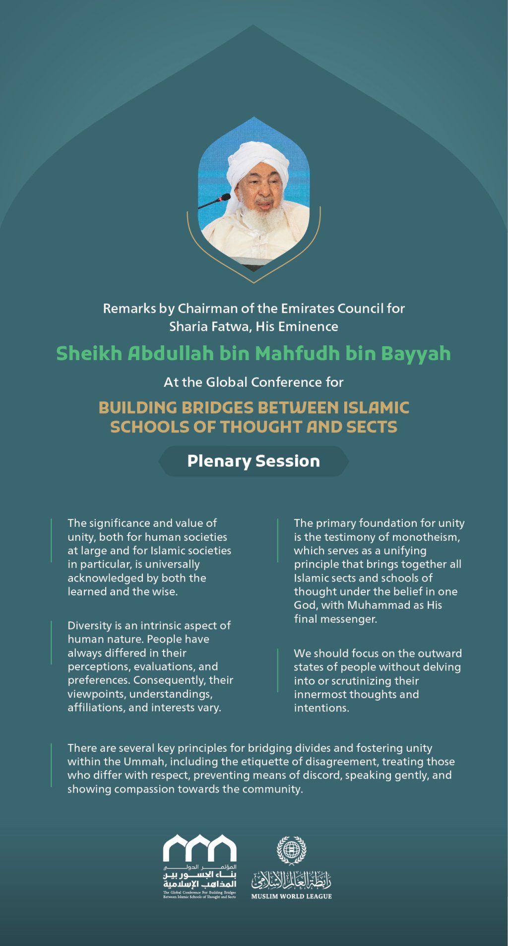Remarks by His Eminence Sheikh Abdullah bin ‎Mahfudh bin Bayyah, Chairman of the Emirates Council for Sharia ‎Fatwa at the Global Conference for Building Bridges between Islamic Schools of Thought and Sects.