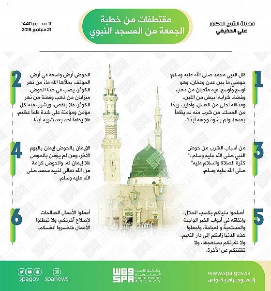 خطيب المسجد النبوي : من أسباب الشرب من حَوضه - صلى الله عليه وسلم - كثرةُ الصلاة والسلام عليه