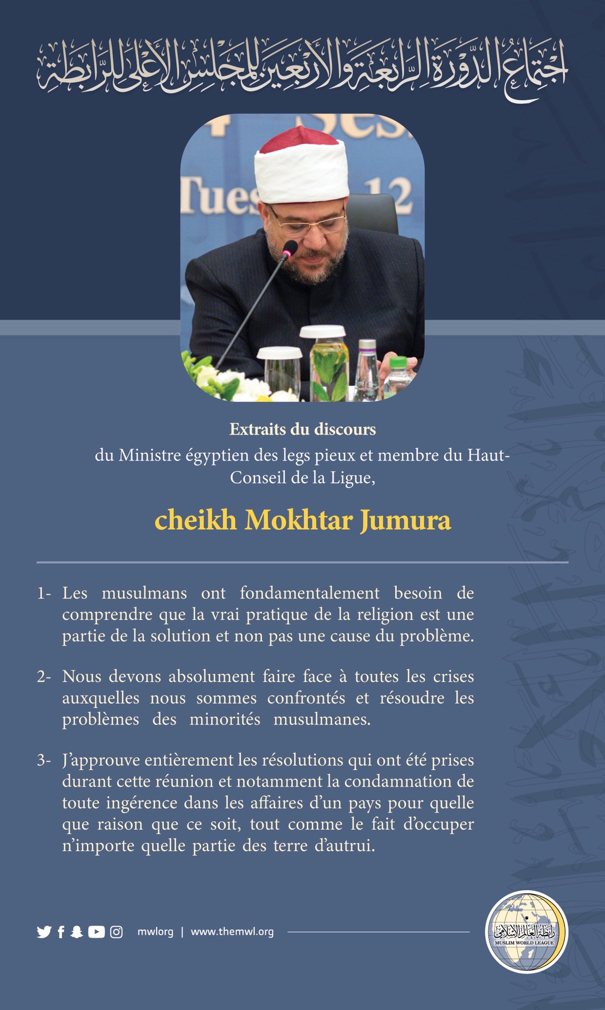 Extraits du discours du cheikh Mohammad Mokhtar Jumura, Ministre égyptien des legs pieux lors des travaux du Haut-Conseil de la Ligue islamique mondiale:
