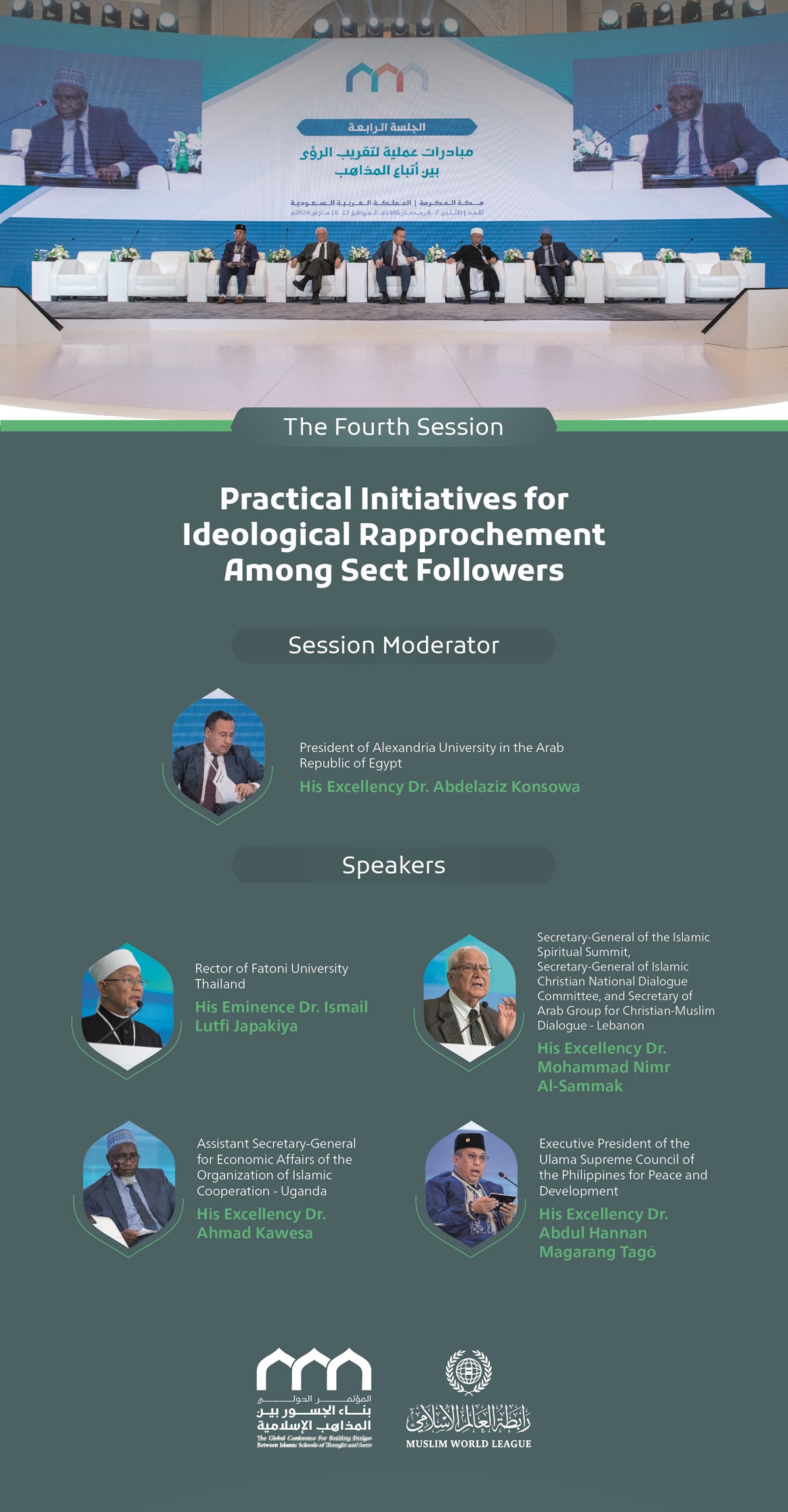 Inaugurated by His Excellency Sheikh Dr. Mohammed Alissa, the speakers at the opening session of the Global Conference for Building Bridges between Islamic Schools of Thought and Sects: