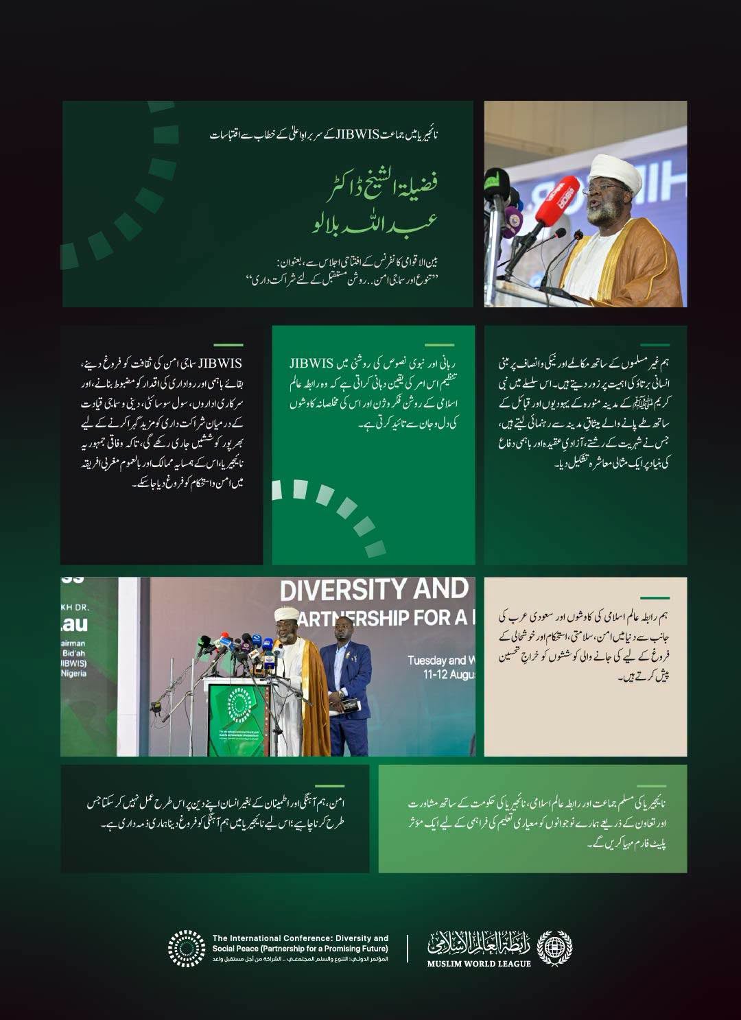 وفاقی جمہوریہ نائجیریا میں جماعت JIBWIS کے سربراہِ اعلیٰ، فضیلۃ الشیخ ڈاکٹر عبداللہ بلالو کے مغربی افریقہ میں سماجی امن کے لیے رابطہ عالم اسلامی کے اقدام کے آغاز کے موقع پر خطاب سے اقتباسات