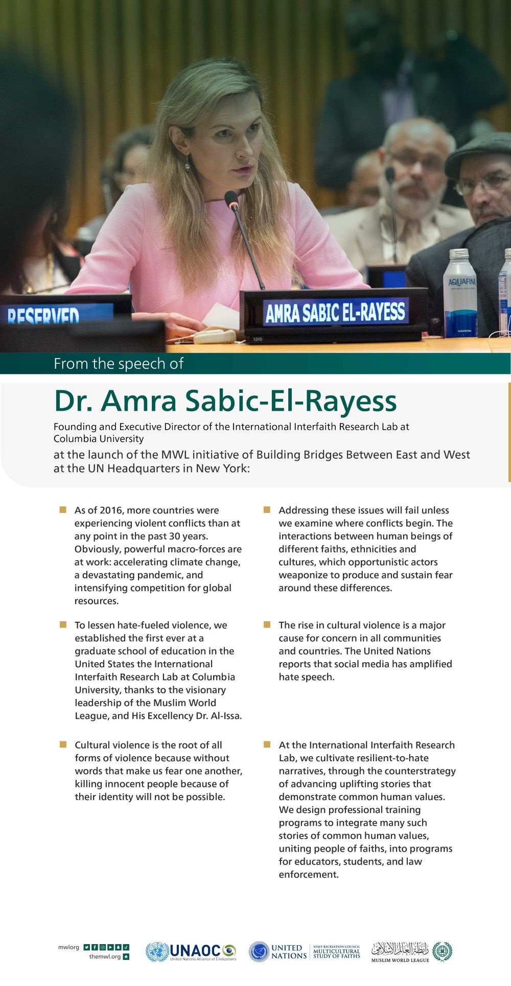 Highlights from the speech of Dr. Amra Sabic-El-Rayess, the Founding and Executive Director of the International Interfaith Research Lab at Columbia University