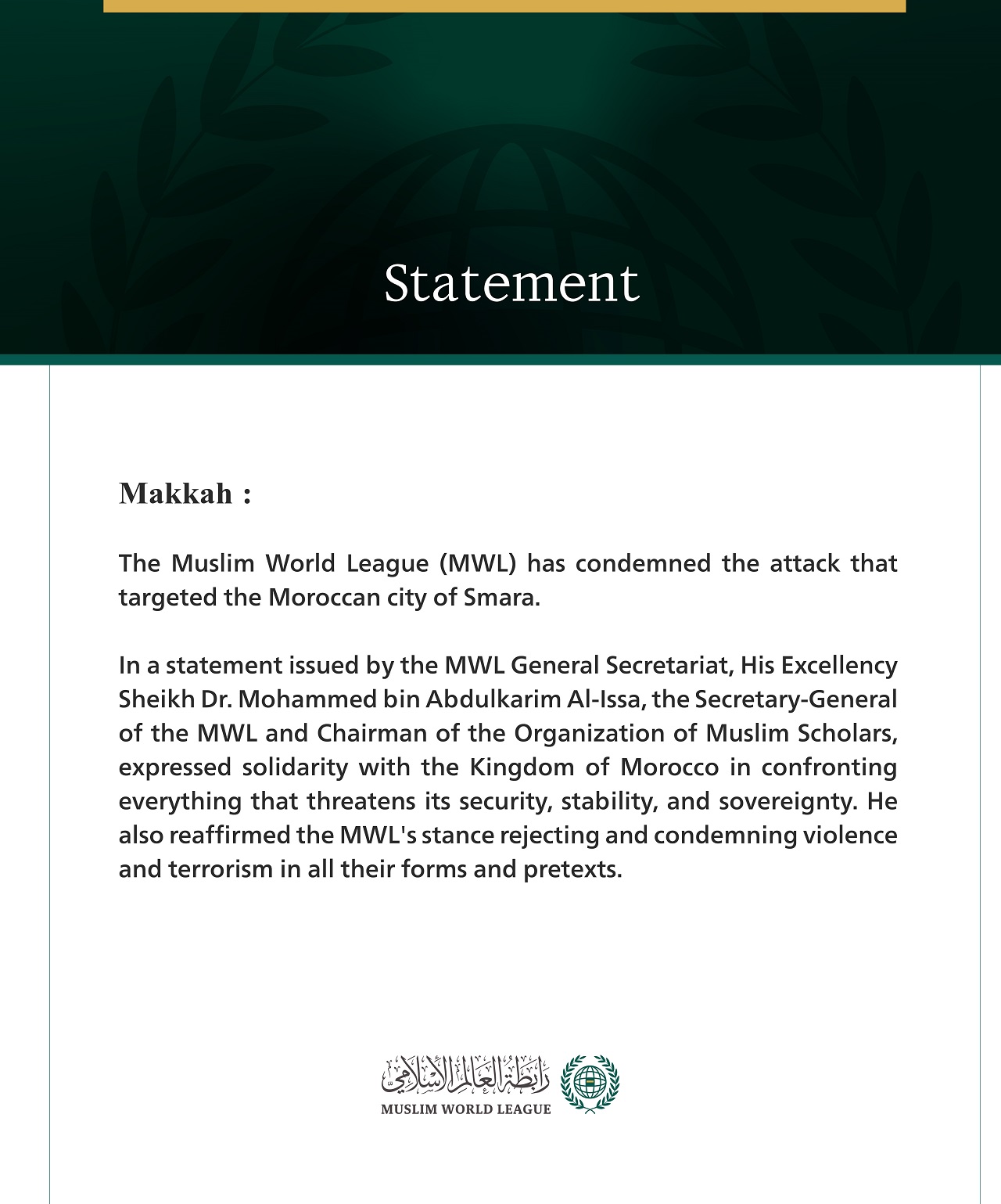 The Muslim World League Condemns the Attack Targeting the Moroccan City of Smara