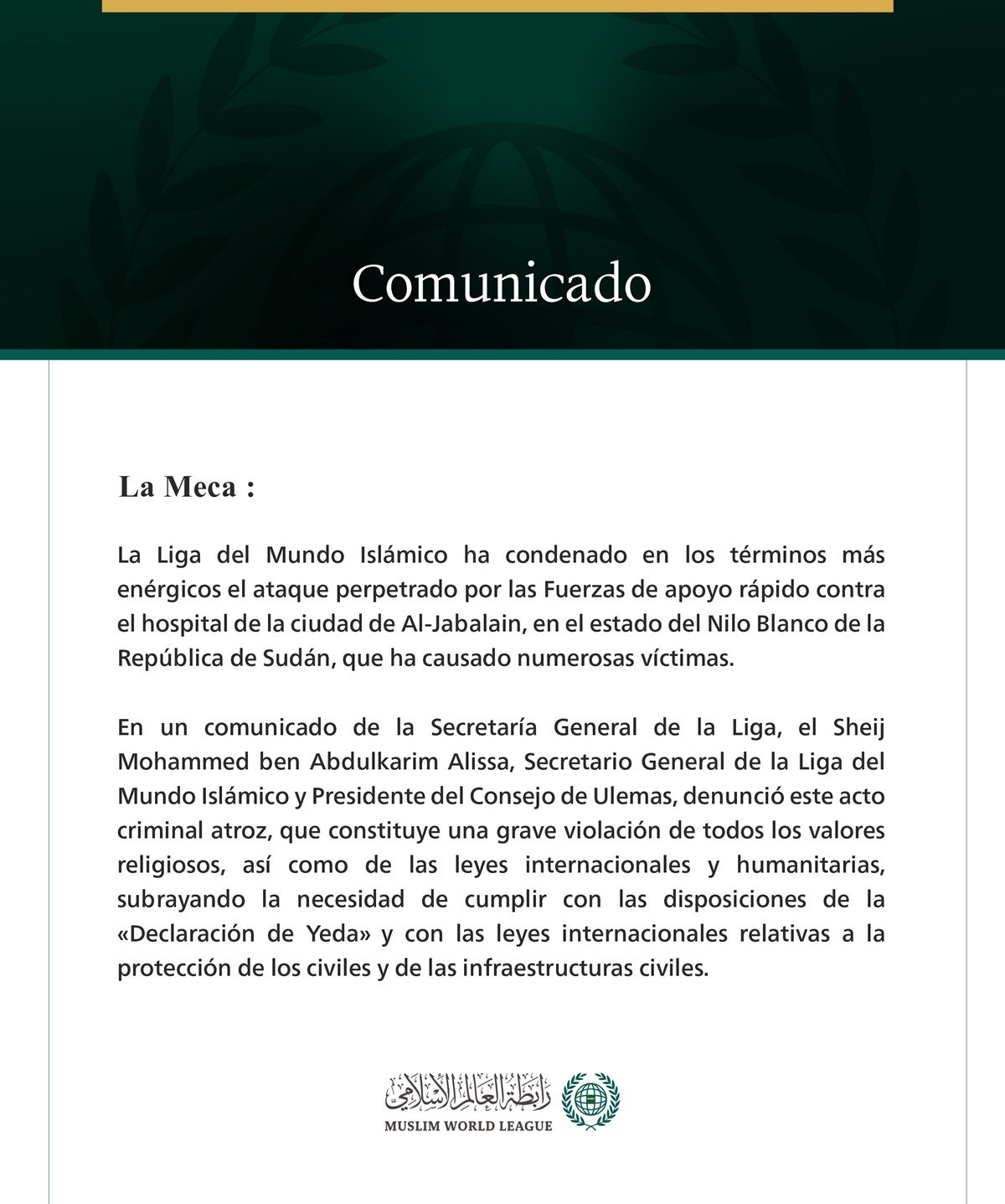 La Liga del Mundo Islámico condena el ataque contra el hospital de la ciudad de Al-Jabalain en Sudán por parte de las Fuerzas de apoyo rápido