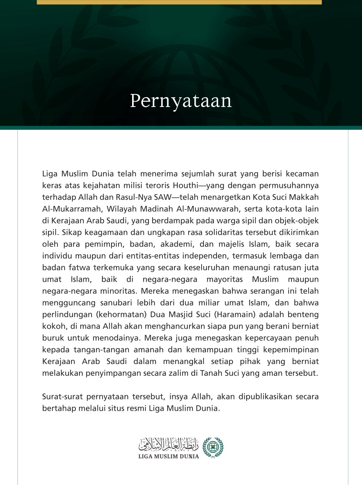 Pernyataan Mengenai Sejumlah “Sikap Keagamaan” dan “Ungkapan Solidaritas” yang Diterima LMD Terkait Kejahatan Milisi Teroris Houthi