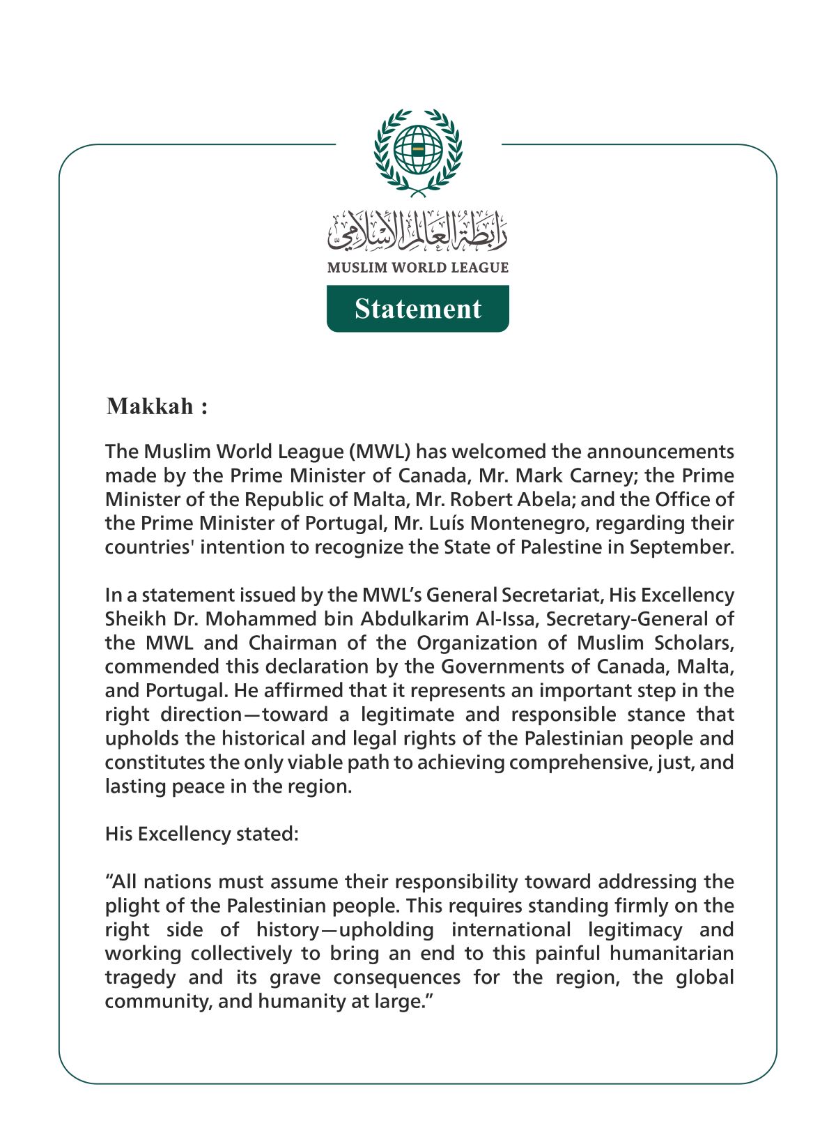 The Muslim World League Welcomes Announcements by Canada, Malta, and Portugal Regarding Their Intention to Recognize the State of Palestine