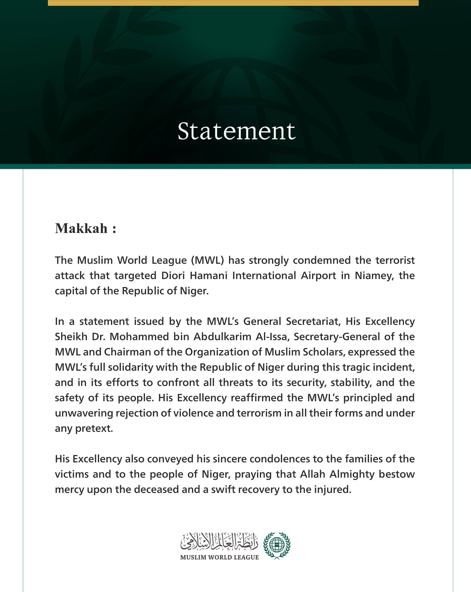 The Muslim World League Condemns the Terrorist Attack Targeting an Airport in Niger