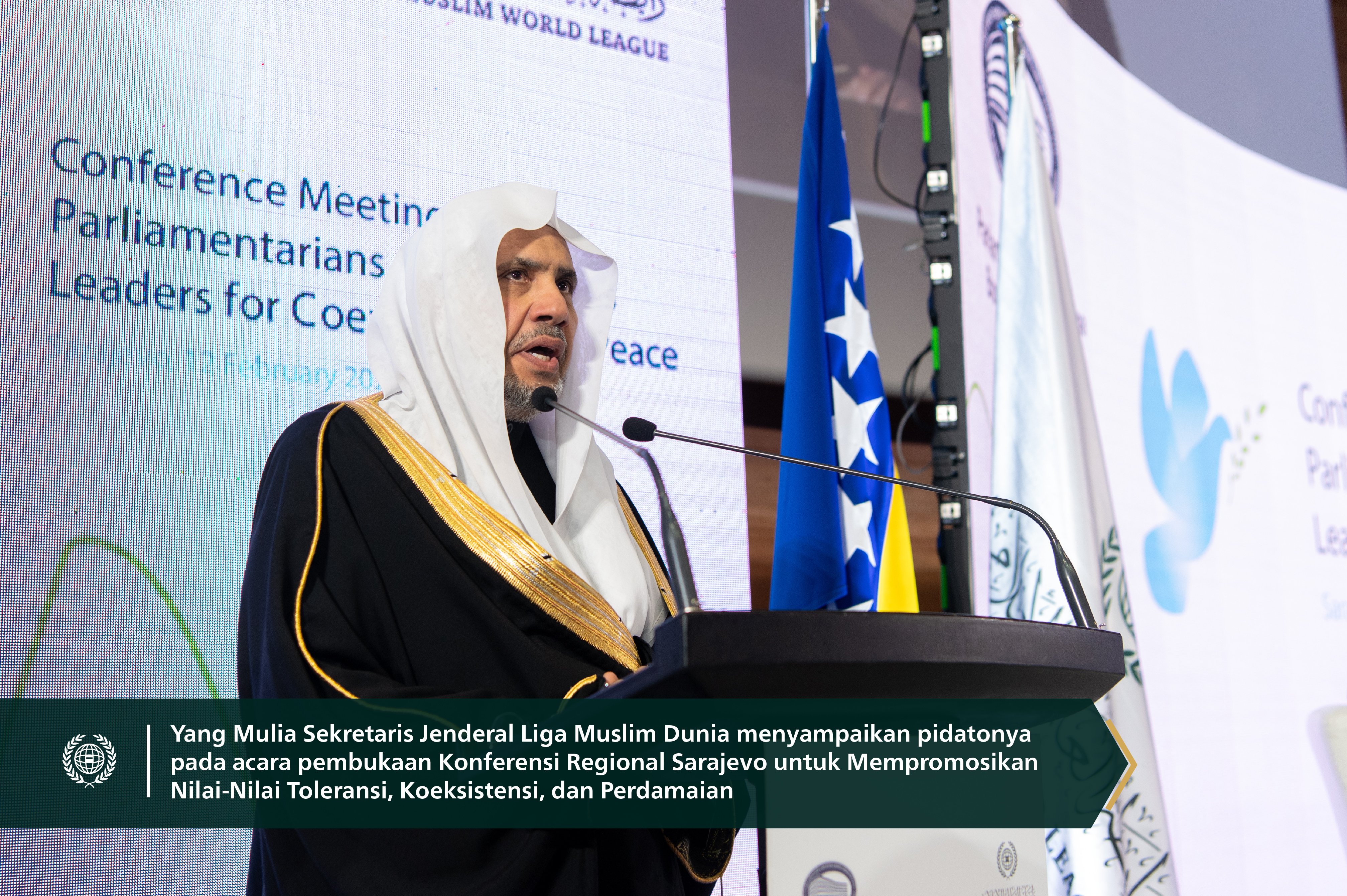 Yang Mulia Sekretaris Jenderal Liga Muslim Dunia, Ketua Asosiasi Ulama Muslim, Syekh Dr. Mohammed Al-issa berpartisipasi bersama Yang Mulia Presiden Bosnia dalam pembukaan konferensi regional yang mempromosikan nilai-nilai hidup berdampingan dan perdamaian