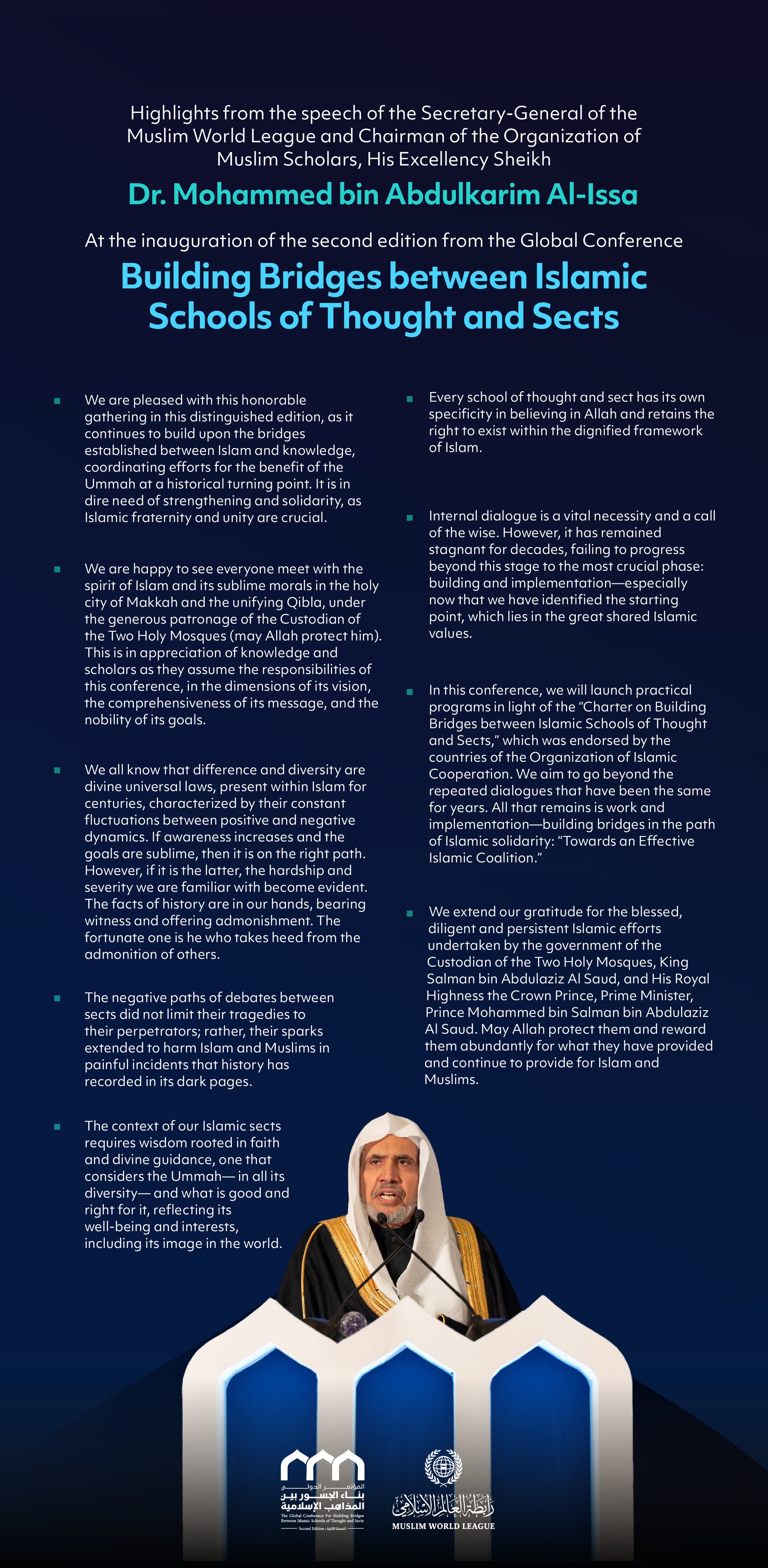 Highlights from the speech of His Excellency Sheikh Dr. Mohammed Al-issa  , the Secretary-General of the Muslim World League and Chairman of the Organization of Muslim Scholars, at the inauguration of the second edition of the Global Conference