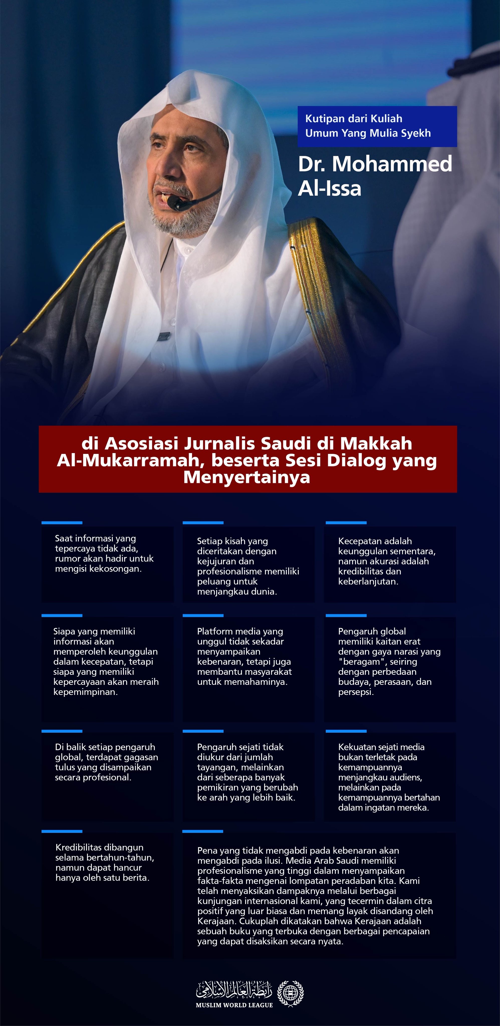 Kutipan dari kuliah umum Yang Mulia Syekh Dr. Mohammed Alissa   di Asosiasi Jurnalis Saudi di Makkah Al-Mukarramah, beserta sesi dialog yang menyertainya: