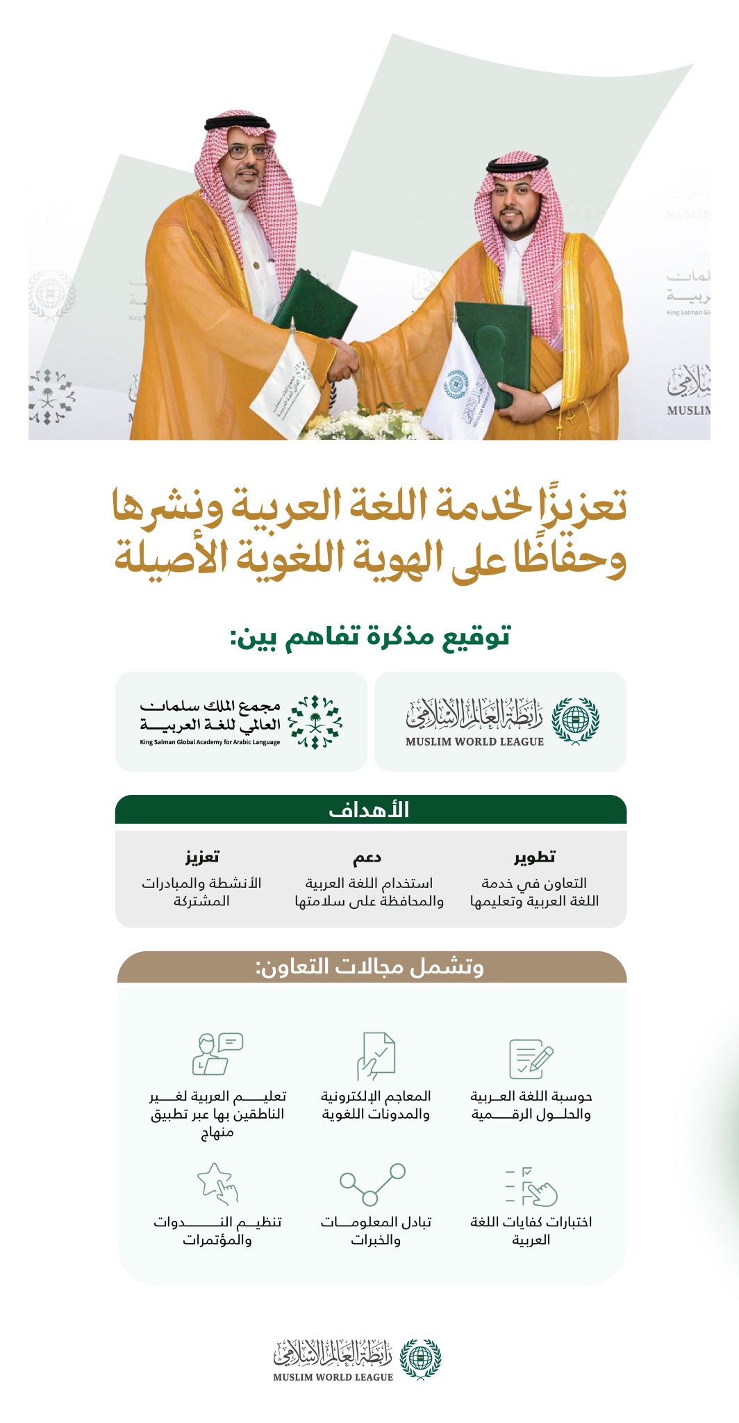 ‏تعزيزًا للتعاون المؤسسي، وتحقيقًا للأهداف المُشترَكة في خدمة اللغة العربية؛  ‏مذكرة تفاهم بين ⁧‫ رابطة العالم الإسلامي‬⁩ و ⁧‫مجمع الملك سلمان العالمي للغة العربية‬⁩.. هنا أبرز مضامينها: