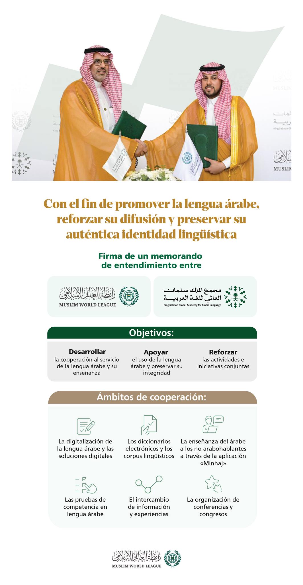 Con el fin de reforzar la cooperación institucional y alcanzar los objetivos comunes al servicio de la lengua árabe, se firmó un memorando de entendimiento entre la Liga del Mundo Islamico y el Complejo Mundial Rey Salman para la lengua árabe. Estos son los principales puntos:
