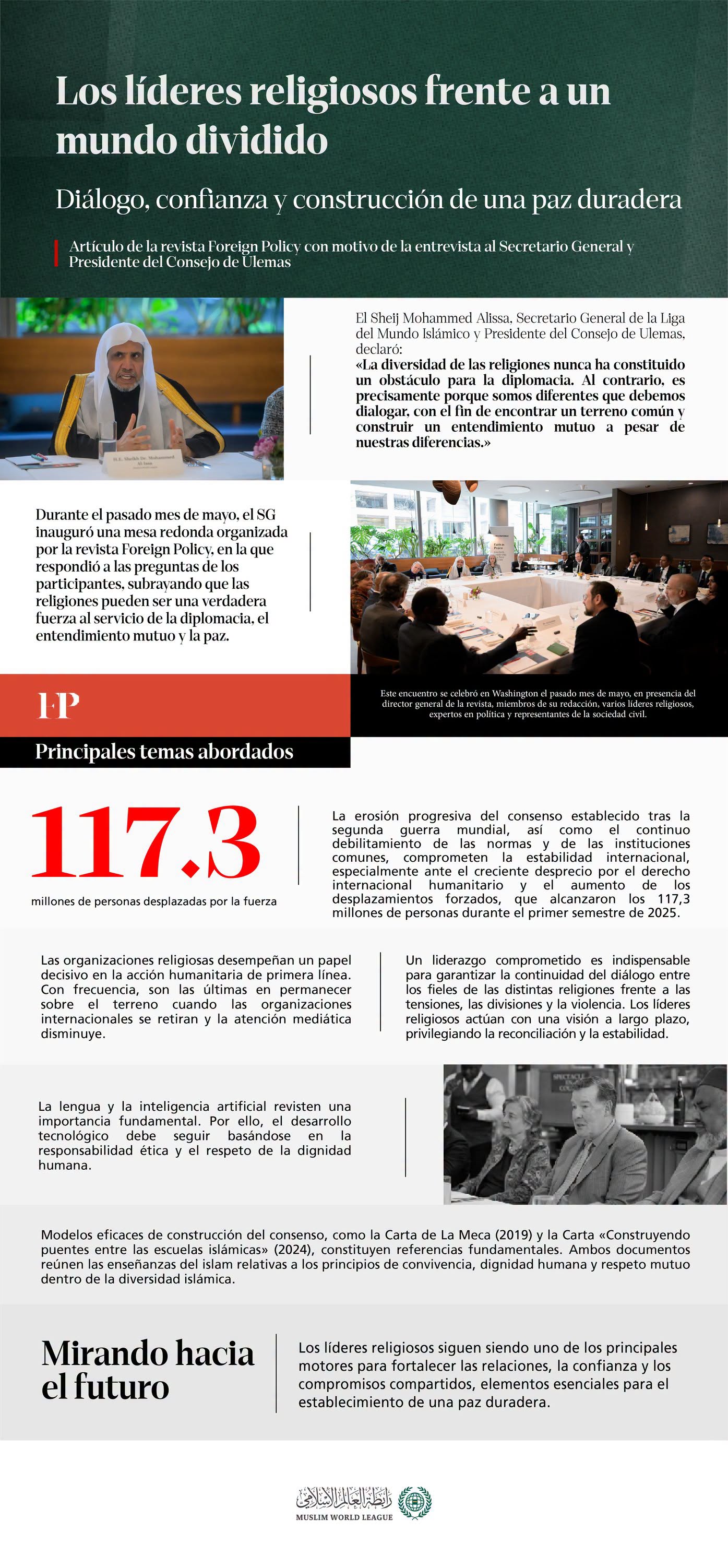 Descubra los principales temas abordados durante la mesa redonda inaugurada por el Sheij Dr. Mohammed Al-Issa, quien también respondió a las preguntas de los participantes. Este encuentro fue organizado por la revista Foreign Policy en la Washington