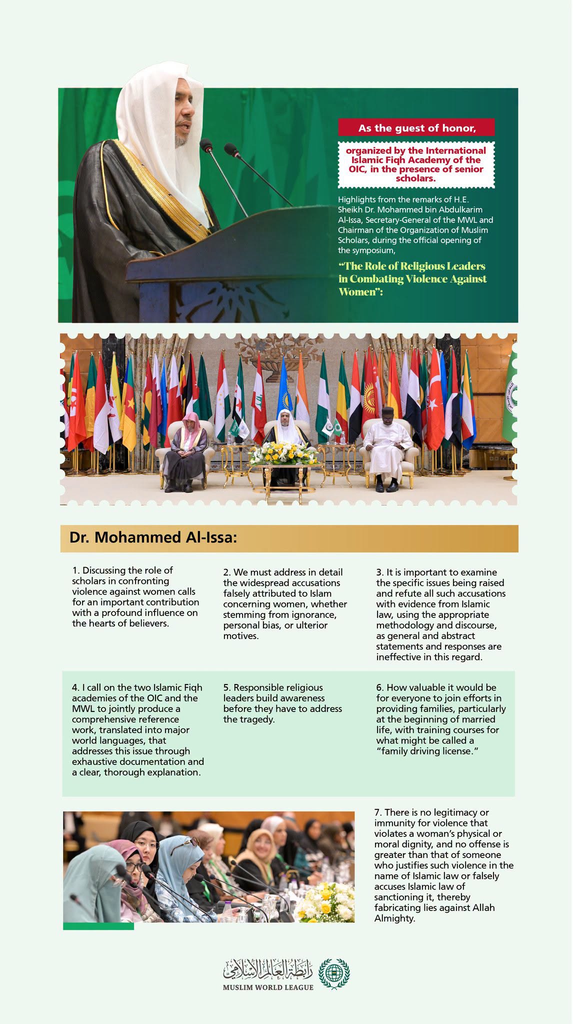 Highlights from the remarks of H.E. Sheikh Dr. Mohammed Al-Issa , Secretary-General of the MWL, as the guest of honor at the opening of the international symposium, “The Role of Religious Leaders in Combating Violence Against Women”