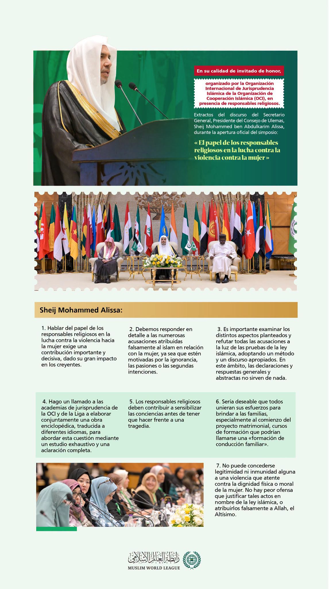 Los principales puntos de la alocución, el Sheij Dr. Mohammed Al-Issa , en calidad de invitado de honor, durante la apertura del simposio internacional titulado «El papel de los responsables religiosos en la lucha contra la violencia hacia las mujeres»