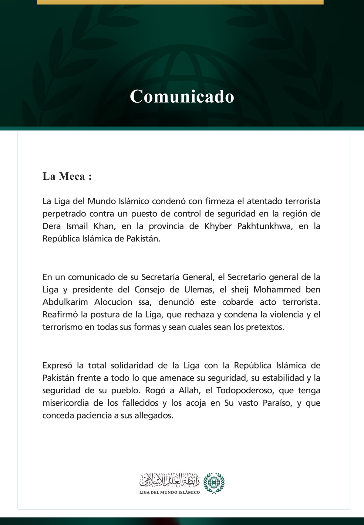 La Liga del Mundo Islámico condena el atentado terrorista contra un puesto de control de seguridad en la provincia paquistaní de Khyber Pakhtunkhwa.