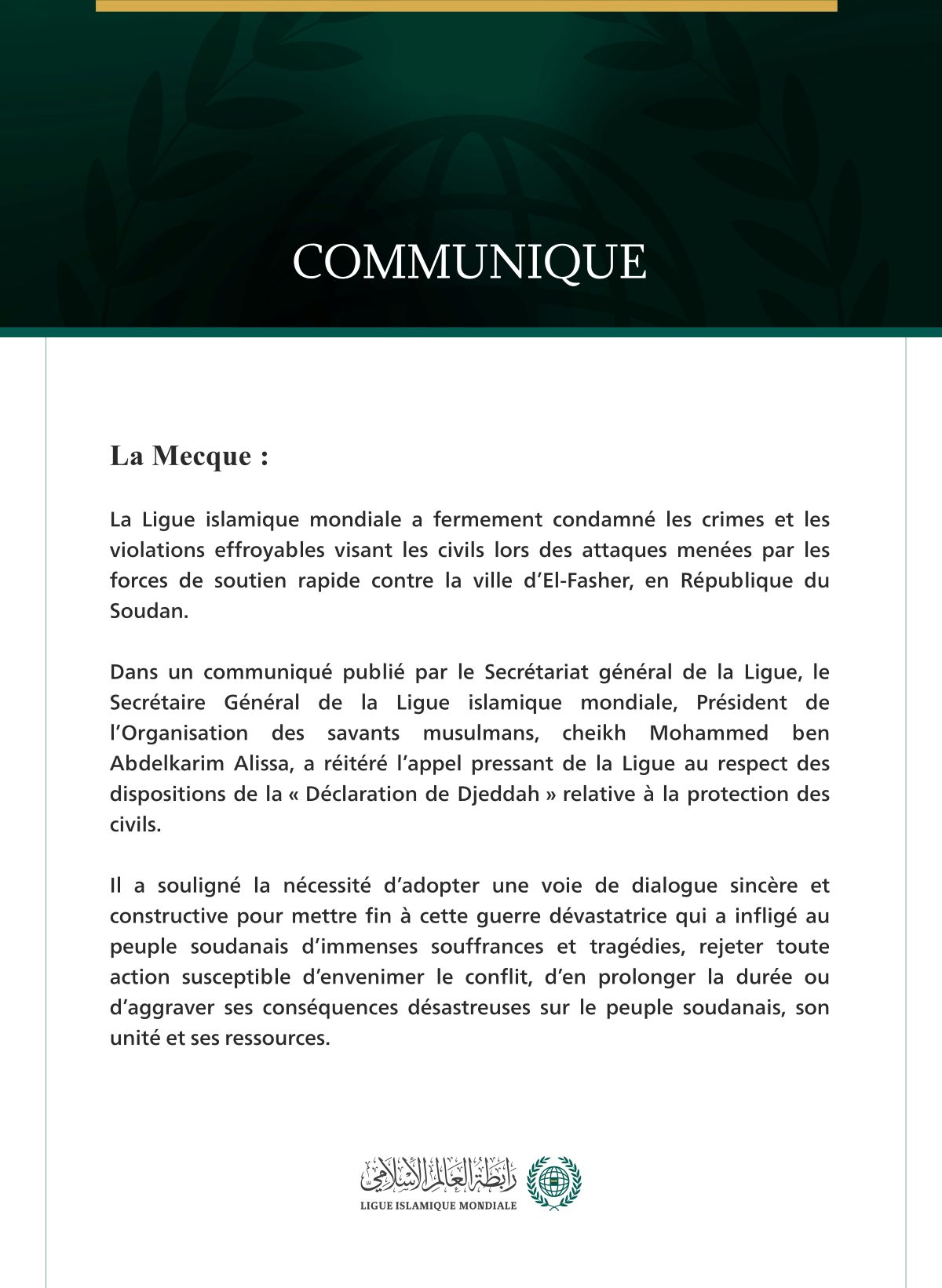 La Ligue islamique mondiale condamne les violations effroyables commises contre les civils à El-Fasher