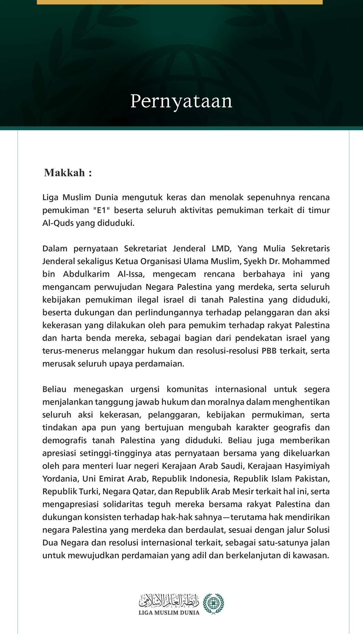 Liga Muslim Dunia Mengecam Rencana Pemukiman "E1" dan Aktivitas Pemukiman Terkait di Timur Al-Quds yang Diduduki