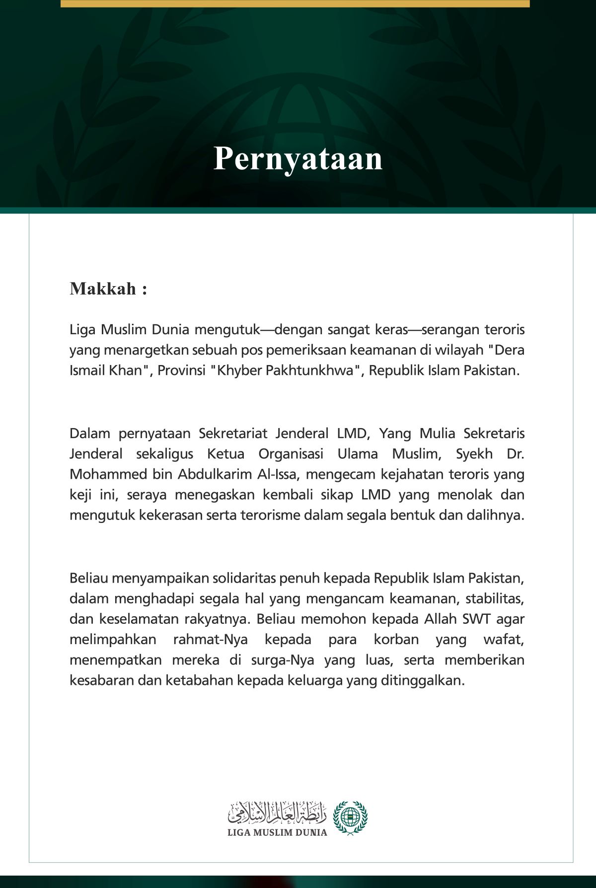 Liga Muslim Dunia Mengutuk Serangan Teroris yang Menargetkan Pos Pemeriksaan Keamanan di Provinsi Khyber Pakhtunkhwa, Pakistan