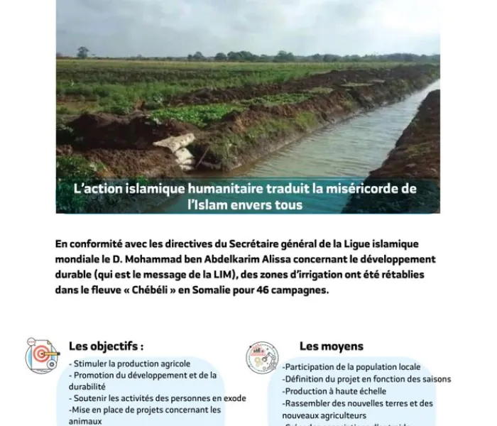 La Ligue Islamique Mondiale rétablit des canaux d’irrigation dans des provinces d’Afrique aidant des milliers de familles en fournissant les semences pour la production et le développement durable.