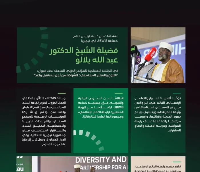 ‏مقتطفاتٌ من كلمة الرئيس العام لجماعة JIBWIS في جمهورية نيجيريا الاتحادية، فضيلة الشيخ د. عبدالله بلالو، خلالَ انطلاق مبادرةِ الرابطة للسِّلم المجتمعيّ في غرب أفريقيا: