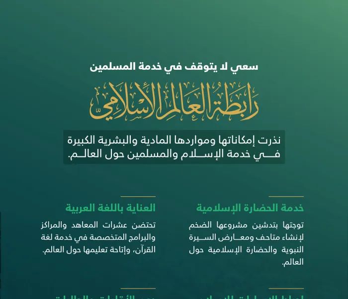 سخرت رابطة العالم الإسلامي كافة إمكانياتها لخدمة الإسلام والمسلمين؛ وتوجت ذلك كله بإعلان وثيقة مكة المكرمة التي حققت اجماعاً غير مسبوق في التاريخ الاسلامي