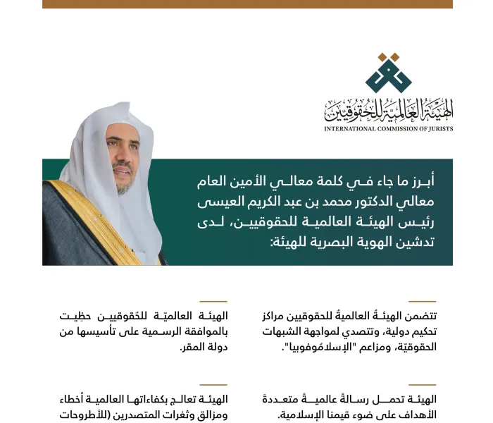 ‏مقتطفاتٌ من كلمة معالي الأمين العام، رئيس هيئة علماء المسلمين، فضيلة الشيخ د. ⁧‫محمد العيسى‬⁩، خلال إطلاق الهوية البصرية للهيئة العالمية للحقوقيين: