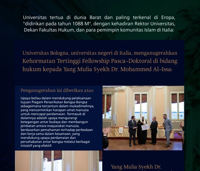 yang menganugerahkan gelar Kehormatan Pasca-doktoral dalam bidang Hukum kepada Yang Mulia Sekretaris Jenderal LMD, Ketua Organisasi Ulama Muslim, Syekh Dr. Mohammed Alissa 