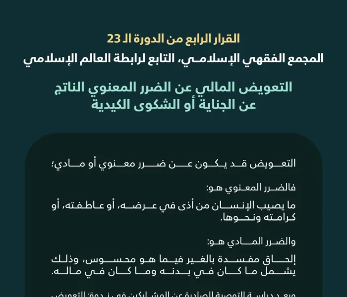 ‏"التعويض المالي عن الضرر المعنوي الناتج عن الجناية أو الشكوى الكيدية"  ‏القرار الرابع من الدورة الـ٢٣ للمجمع الفقهي الإسلامي التابع لرابطة العالم الإسلامي: