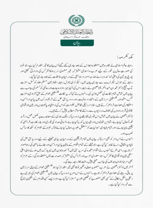 رابطہ عالم اسلامی نے قاہرہ میں منعقدہ اجلاس  کے بعد جاری کئے گئے اُس بیان کا خیر مقدم کیا ہے، جو غزہ کی صورتِ حال پر غور کے لیے عرب و اسلامی مشترکہ غیر معمولی سربراہ کانفرنس کی وزارتی کمیٹی کے درميان ملاقات  کے بعد جاری کیا گیا