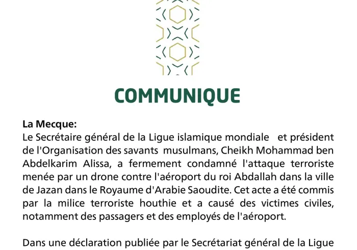Communiqué de la Ligue Islamique Mondiale :