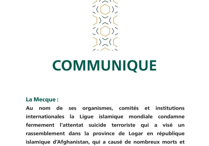 Communiqué de la Ligue Islamique Mondiale :