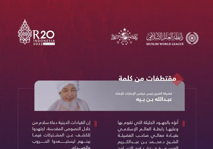 أبرز النقاط التي تطرَّق إليها فضيلة الشيخ عبدالله بن بيّه، رئيس مجلس الإمارات للإفتاء، خلال أعمال القمة الدينية لمجموعة العشرين في بالي: