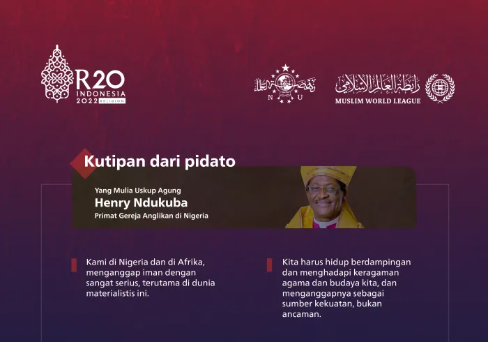 Poin-poin paling menonjol yang disampaikan oleh Yang Mulia Uskup Agung, Primat Gereja Anglikan di Nigeria, Henry Ndukuba, selama berpartisipasi dalam KTTR20 di Bali: