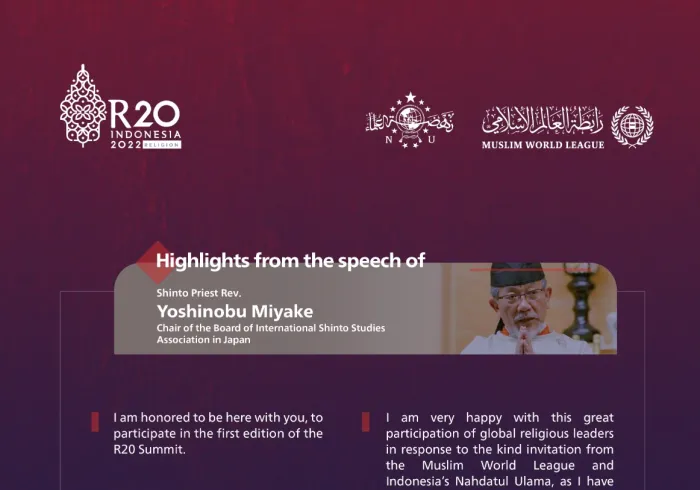 Highlights from the speech of the Chair of the Board of International Shinto Studies Association in Japan, the Shinto priest Rev. Yoshinobu Miyake, at the R20 Summit in Bali: