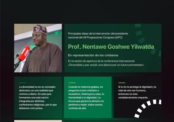 Extractos del discurso del Presidente Nacional del All Progressives Congress (APC), Prof. Nentawe Goshwe Yilwatda, en representación de los cristianos, durante la sesión inaugural de la Iniciativa de la Liga del Mundo Islámico para la paz social en África Occidental