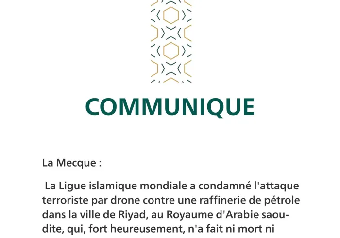 Communiqué de la Ligue Islamique Mondiale :