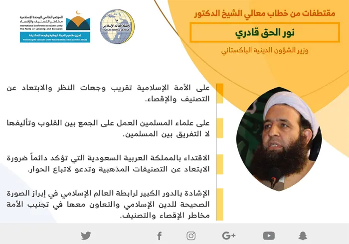 معالي وزير الشؤون الدينية الباكستاني الشيخ د. نور الحق قادري مخاطباً 1200 شخصية إسلامية من 127 دولة يمثلون 28 مكوِّناً إسلامياً في مؤتمر الرابطة :(الوحدة الإسلامية)