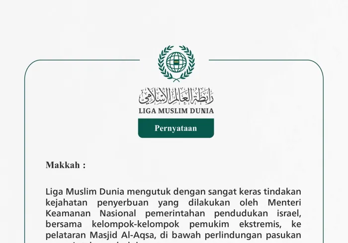 Liga Muslim Dunia mengutuk dengan sangat keras tindakan kejahatan penyerbuan yang dilakukan oleh Menteri Keamanan Nasional pemerintahan pendudukan israel, bersama kelompok-kelompok pemukim ekstremis, ke pelataran Masjid Al-Aqsa