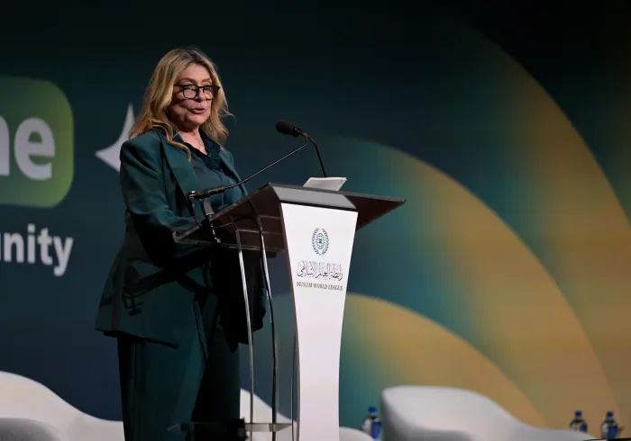 H.E. Ms. Ivonne A-Baki, Ecuadorian Minister and Diplomat and a candidate for United Nations Secretary-General, delivering her remarks at the opening session of the MWL event, AI for Everyone
