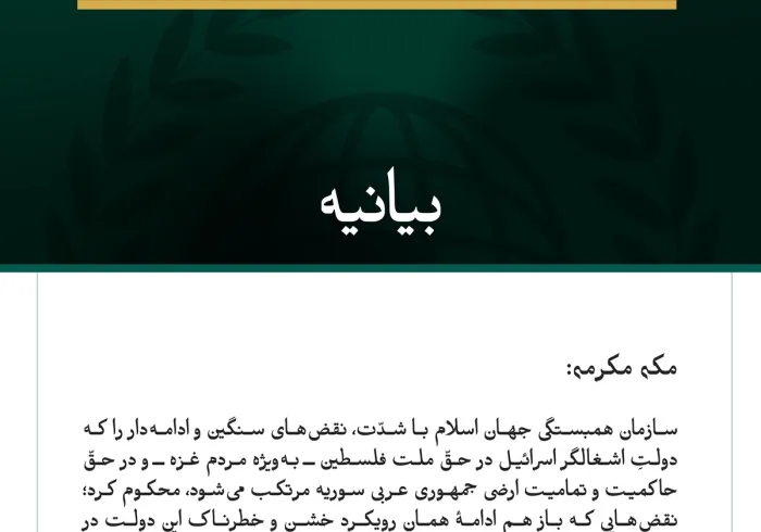 سازمان همبستگی جهان اسلام با شدّت، نقض‌های سنگین و ادامه‌دار را که دولتِ اشغالگر اسرائیل در حقّ ملت فلسطین ــ به‌ویژه مردم غزه ــ و در حقّ حاکمیت و تمامیت ارضی جمهوری عربی سوریه مرتکب می‌شود