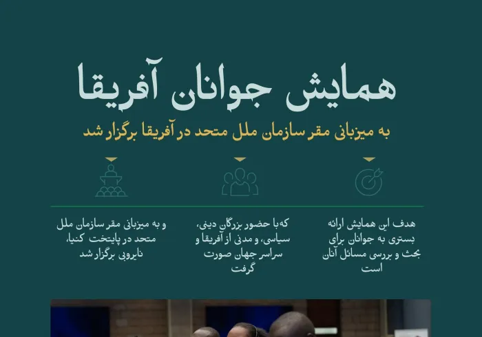 یکی از مهم‌ترین بسترها برای بحث و بررسی مسائل جوانان آفریقا: ویژگی‌های برجسته «همایش جوانان آفریقا» که با حضور دبیر کل، و‌رئیس انجمن علمای مسلمان، آقای دکتر شیخ محمد العیسی، در مقر سازمان ملل متحد در نایروبی برگزار شد. در ادامه با آن آشنا شوید: