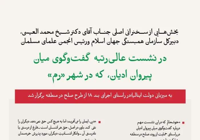 بخش‌هایی از سخنرانی جناب آقای دکتر شیخ محمد العیسی، دبیرکل سازمان همبستگی جهان اسلام ورئيس انجمن علمای مسلمان ، که «به‌صورت مجازی» در نشست عالی‌رتبه گفت‌وگوی میان پیروان ادیان، که به میزبانی دولت ایتالیا در شهر «رم» برگزار شد، ارائه کرد.