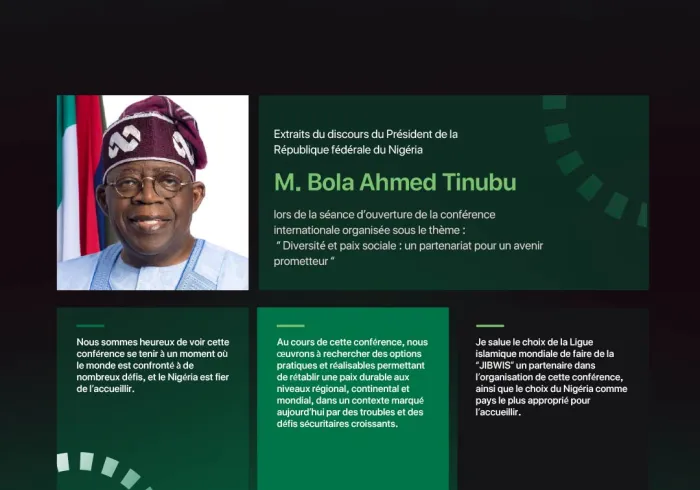 Extraits du discours de M. Bola Ahmed Tinubu, Président de la République fédérale du Nigeria, à l’occasion du lancement, sous son  patronage, de l’Initiative de la Ligue pour la paix sociale en Afrique de l’Ouest