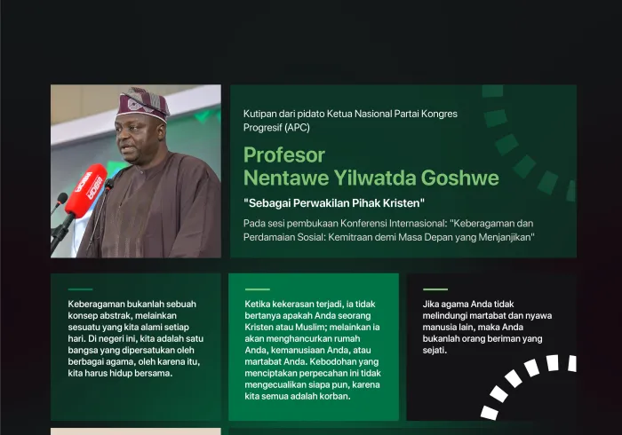 Kutipan dari pidato Yang Mulia Ketua Nasional Partai Kongres Progresif (APC), Profesor Nentawe Yilwatda Goshwe, sebagai perwakilan pihak Kristen, pada peluncuran Inisiatif LMD untuk Perdamaian Sosial di Afrika Barat: