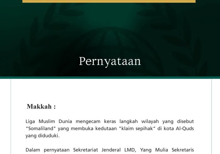 Liga Muslim Dunia Kecam Langkah Wilayah yang Disebut "Somaliland" atas Pembukaan Kedutaan "Klaim Sepihak" di Kota Al-Quds yang Diduduki