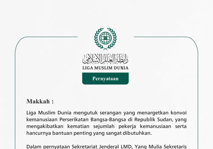 Liga Muslim Dunia mengutuk serangan yang menargetkan konvoi kemanusiaan Perserikatan Bangsa-Bangsa di Republik Sudan, yang mengakibatkan kematian sejumlah pekerja kemanusiaan serta hancurnya bantuan penting yang sangat dibutuhkan.