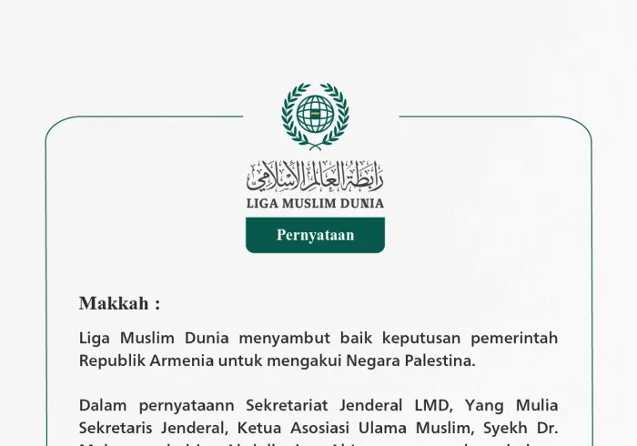 Liga Muslim Dunia menyambut baik keputusan pemerintah Republik Armenia untuk mengakui Negara Palestina.