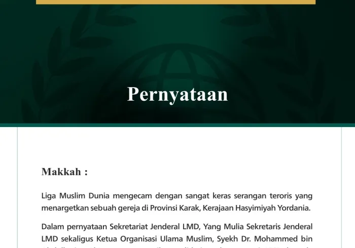 Liga Muslim Dunia Mengutuk Serangan Teroris yang Menargetkan Sebuah Gereja di Yordania
