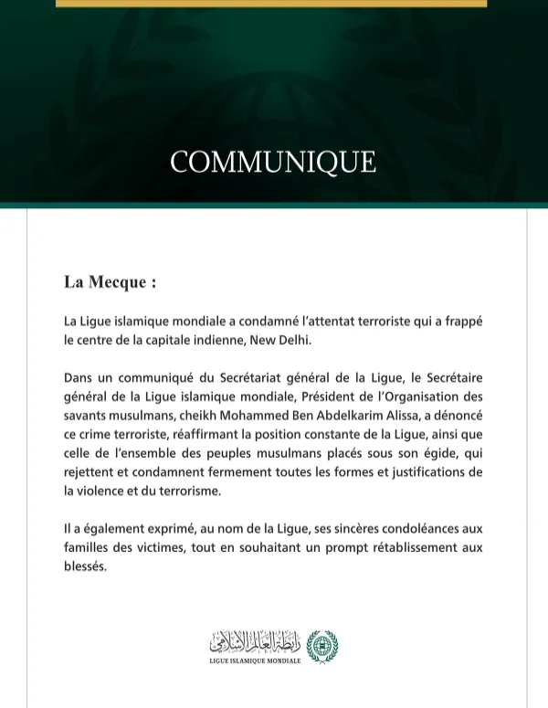 La Ligue islamique mondiale condamne l’attentat terroriste survenu à New Delhi.